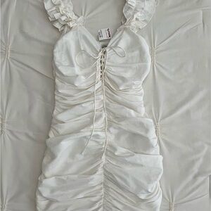NWT Zara White Ruched Dress with Ruffle Straps